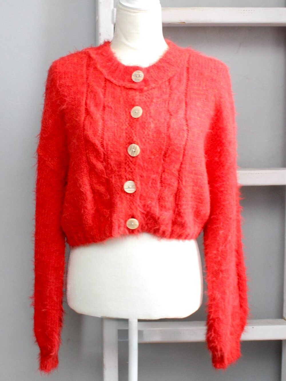 Free People x Revolve Willow Fuzzy Crop Button Cardigan Fiery Red Size Small - Picture 2 of 7